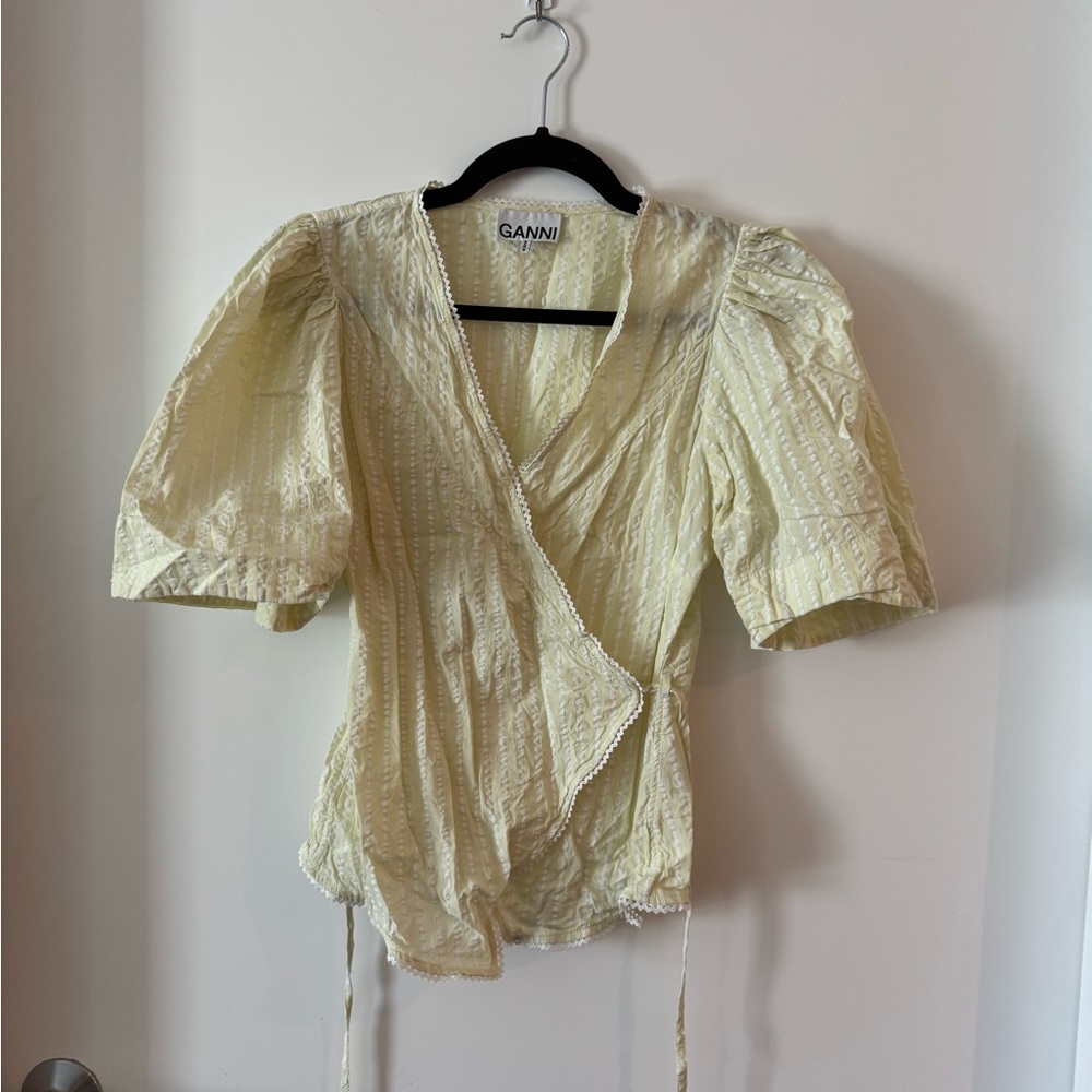 Ganni yellow and white wrap top, size 38